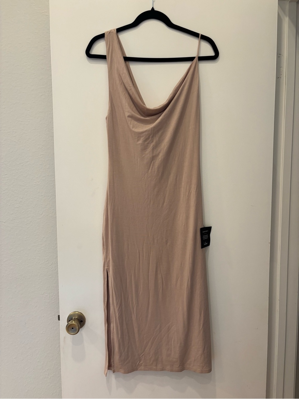 NWT Lulus My Best Side Beige Asymmetrical Cowl Neck midi dress bodycon leg slit